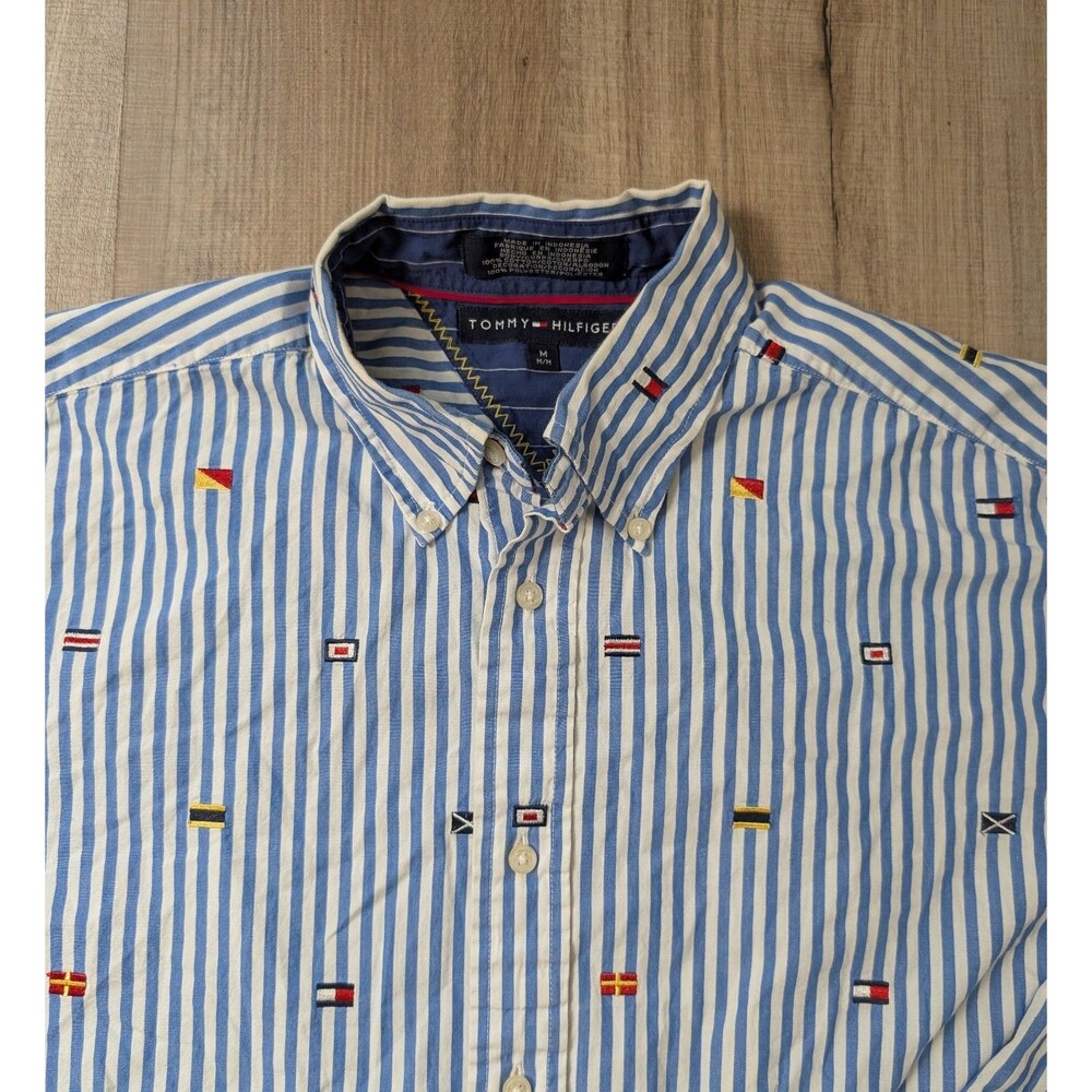 Vintage Tommy Hilfiger Size M Striped Shirt Embroidered Nautical Flags Y2K